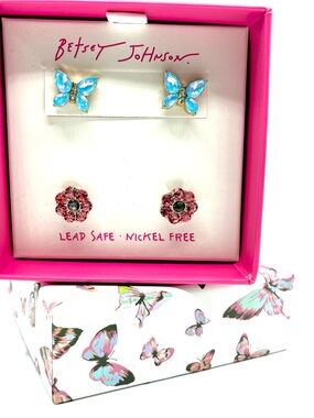 Betsey Johnson Blue Butterfly & Pink Flower Stud Earring Set
